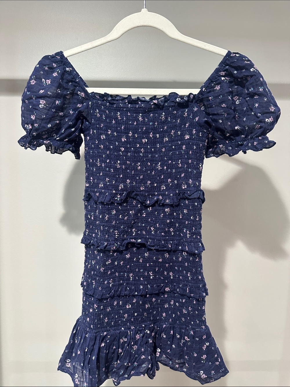 Katie J NYC Navy and lavendar Floral Smocked Ruffle Dress size xl